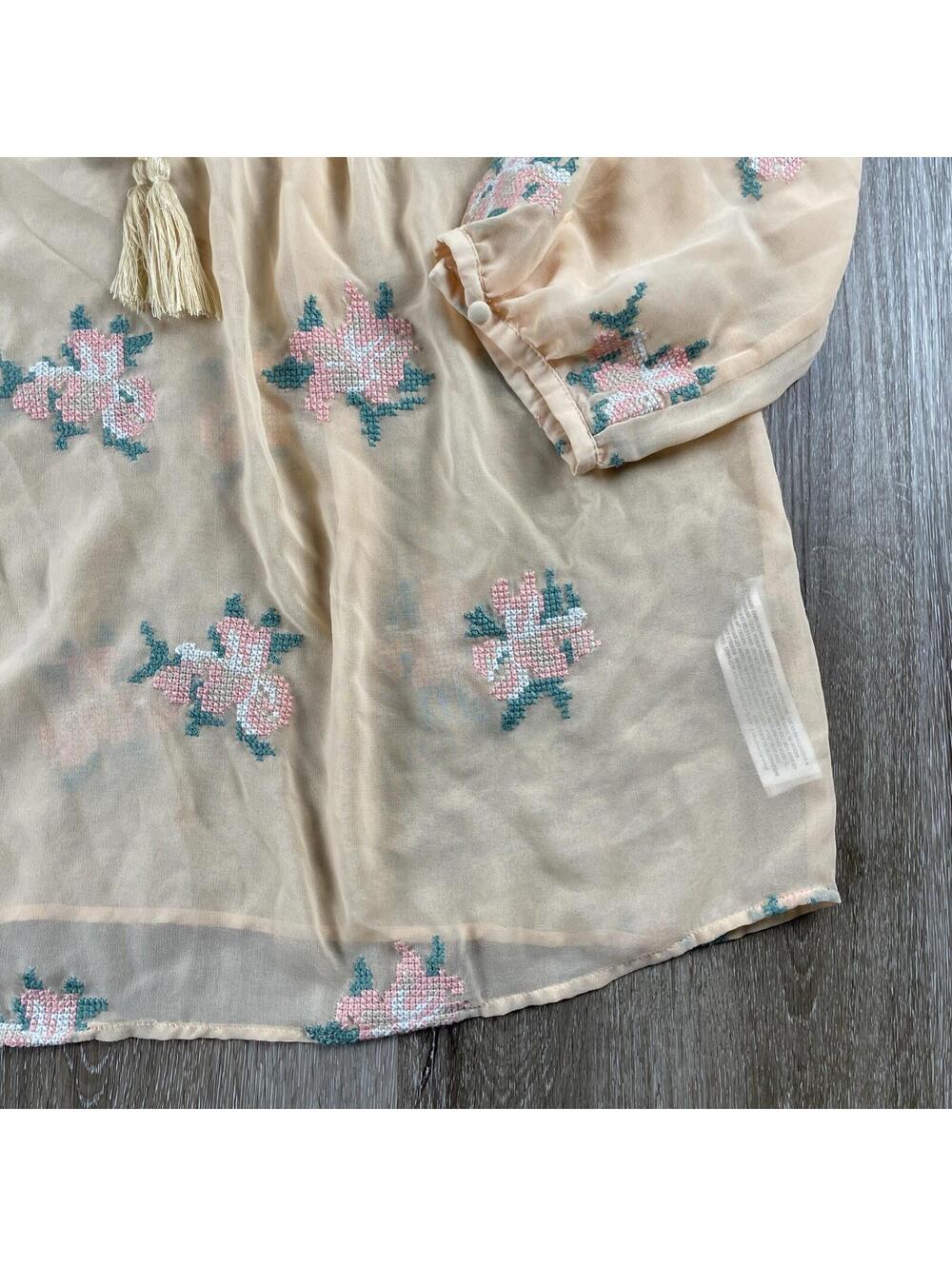 Ariat Women's Roxanne Embroidered Blouse S Boho Floral Sheer Tassel Top - Picture 5 of 16